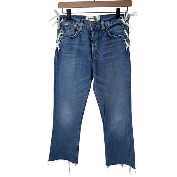REFORMATION Side Tie Lace Up Cropped Denim Blue Jeans Size 24 - Picture 1 of 11